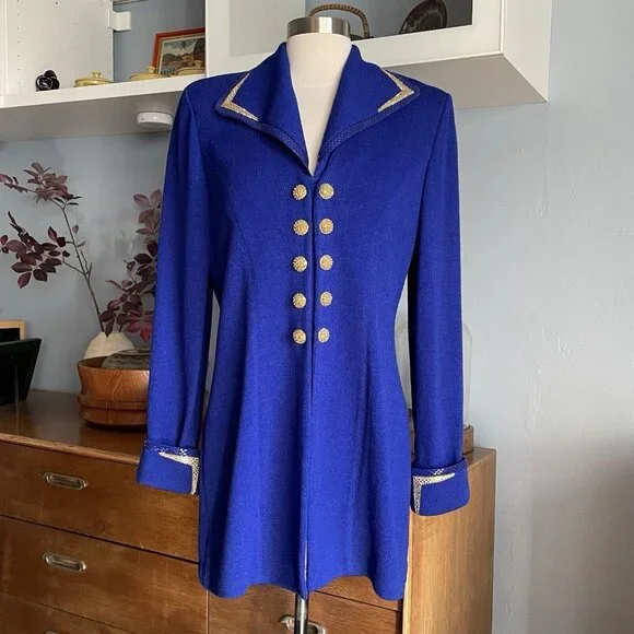 ST JOHN Evening Size 8 Royal Blue Santana Knit Blazer Jacket Removable Collar - Picture 1 of 11